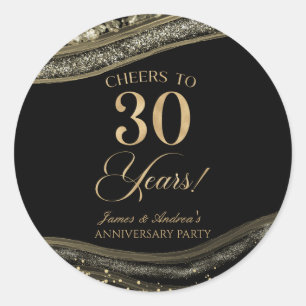 Elegant Black Gold Agate 30th Anniversary Party Classic Round Sticker