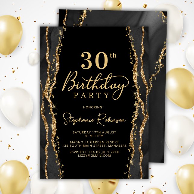 Elegant Black Gold Agate 30th Birthday Invitation (Creator Uploaded)