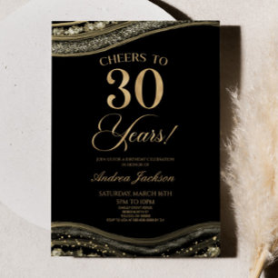 Elegant Black Gold Agate 30th Birthday Party Invitation