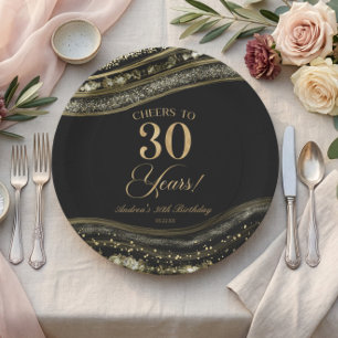 Elegant Black Gold Agate 30th Birthday Party Paper Plate