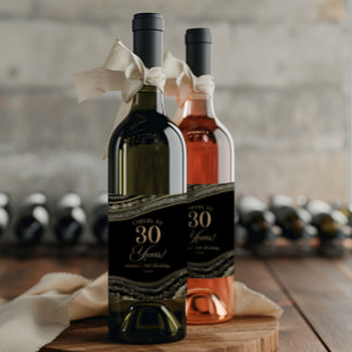 Elegant Black Gold Agate 30th Birthday Party Wine Label