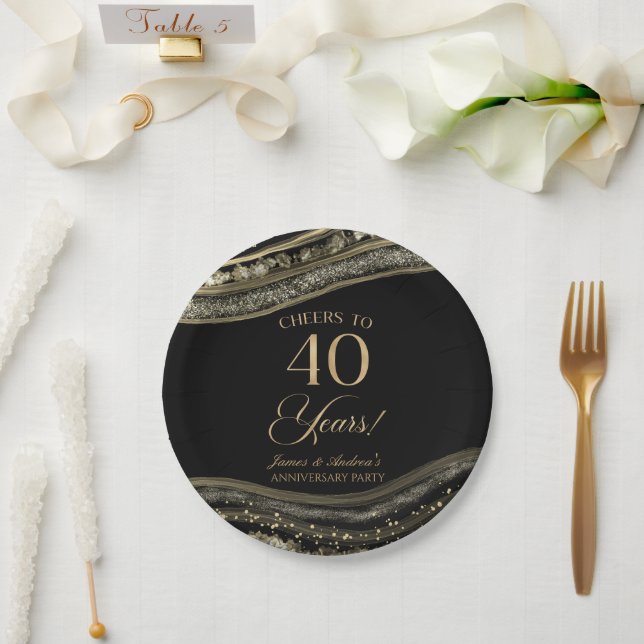 Elegant Black Gold Agate 40th Anniversary Party Paper Plate (Wedding)