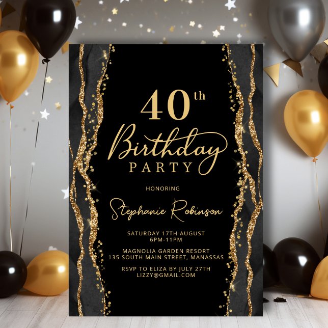 Elegant Black Gold Agate 40th Birthday Invitation (Creator Uploaded)
