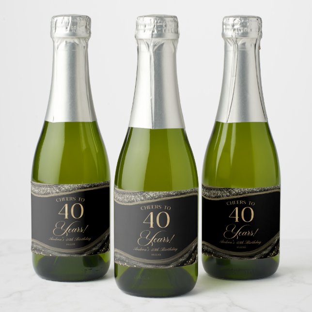 Elegant Black Gold Agate 40th Birthday Party Sparkling Wine Label (Bottles)