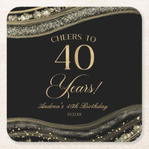 Elegant Black Gold Agate 40th Birthday Party Square Paper Coaster