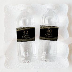 Elegant Black Gold Agate 40th Birthday Party Water Bottle Label