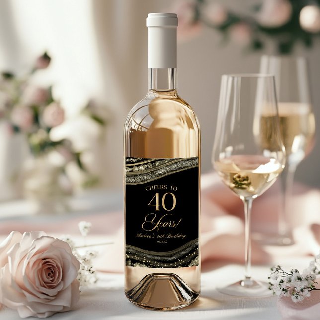 Elegant Black Gold Agate 40th Birthday Party Wine Label (Creator Uploaded)