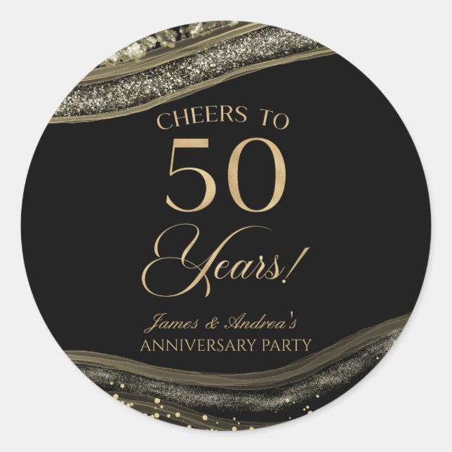 Elegant Black Gold Agate 50th Anniversary Party Classic Round Sticker (Front)