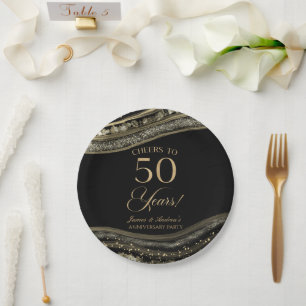 Elegant Black Gold Agate 50th Anniversary Party Paper Plate
