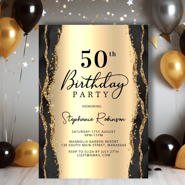 Elegant Black Gold Agate 50th Birthday Invitation (Creator Uploaded)