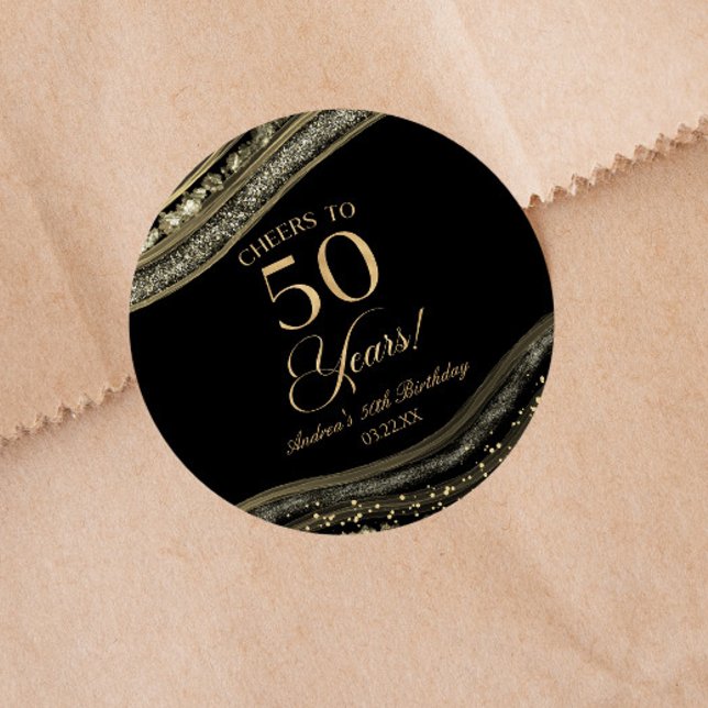 Elegant Black Gold Agate 50th Birthday Party Classic Round Sticker (Creator Uploaded)