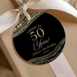 Elegant Black Gold Agate 50th Birthday Party Favour Tags