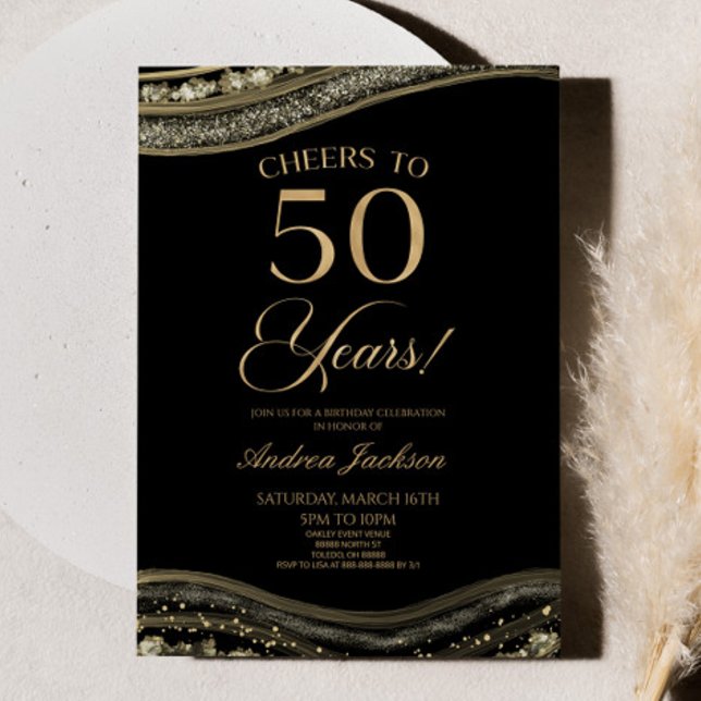 Elegant Black Gold Agate 50th Birthday Party Invitation (Creator Uploaded)