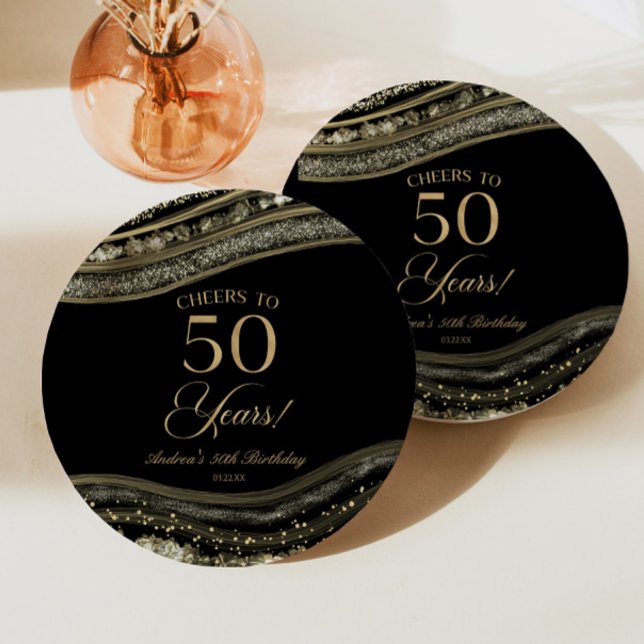 Elegant Black Gold Agate 50th Birthday Party Paper Plate (Creator Uploaded)