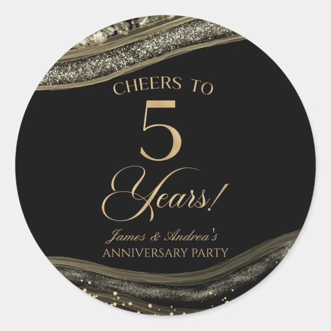 Elegant Black Gold Agate 5th Anniversary Party Classic Round Sticker (Front)