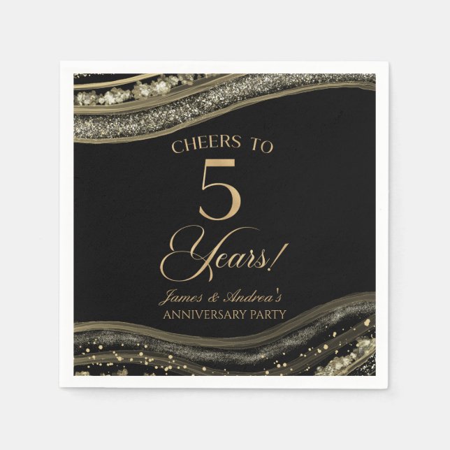 Elegant Black Gold Agate 5th Anniversary Party Napkin (Front)