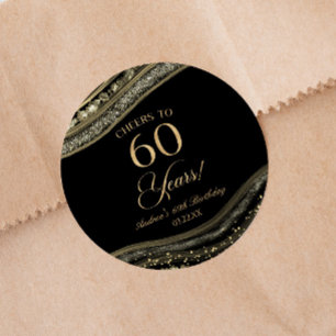 Elegant Black Gold Agate 60th Birthday Party Classic Round Sticker