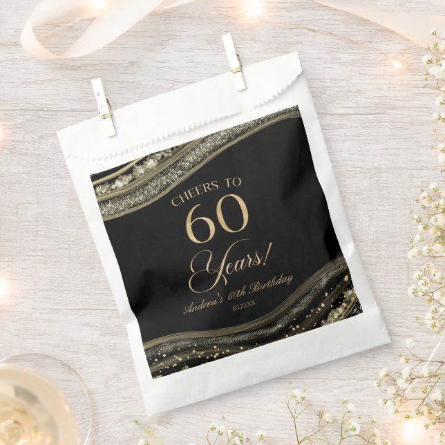 Elegant Black Gold Agate 60th Birthday Party Favour Bags (Clipped)