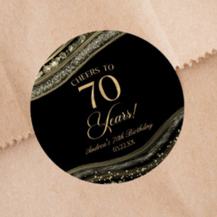 Elegant Black Gold Agate 70th Birthday Party Classic Round Sticker