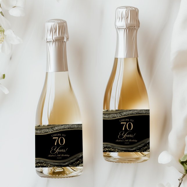 Elegant Black Gold Agate 70th Birthday Party Sparkling Wine Label (Creator Uploaded)