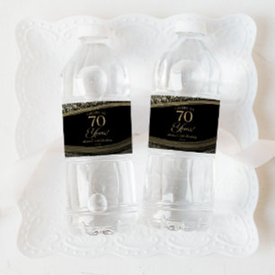 Elegant Black Gold Agate 70th Birthday Party Water Bottle Label