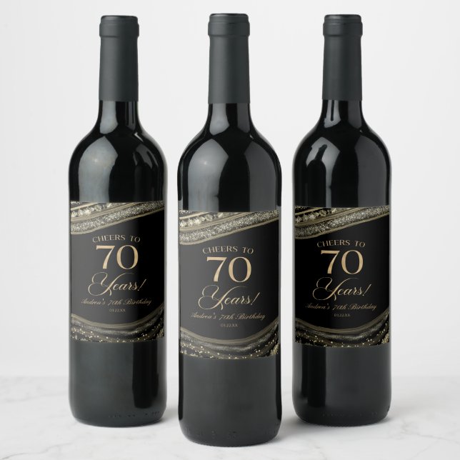 Elegant Black Gold Agate 70th Birthday Party Wine Label (Bottles)