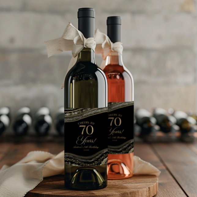 Elegant Black Gold Agate 70th Birthday Party Wine Label (Creator Uploaded)
