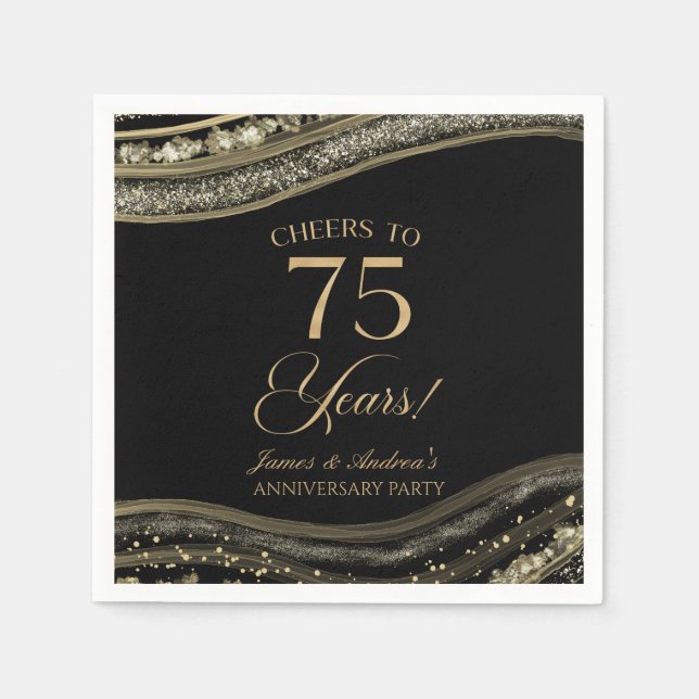 Elegant Black Gold Agate 75th Anniversary Party Napkin (Front)