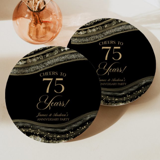 Elegant Black Gold Agate 75th Anniversary Party Paper Plate (Creator Uploaded)