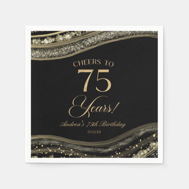 Elegant Black Gold Agate 75th Birthday Party Napkin (Front)