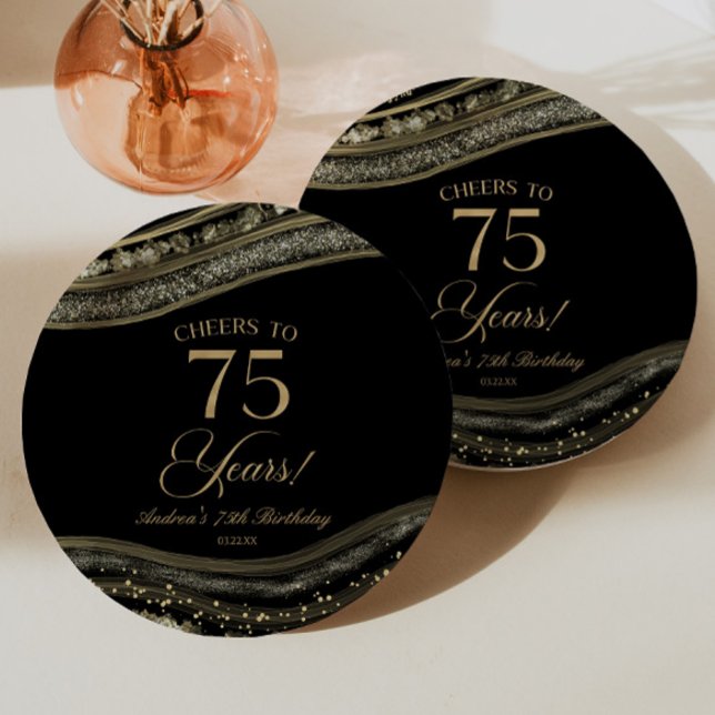 Elegant Black Gold Agate 75th Birthday Party Paper Plate (Creator Uploaded)