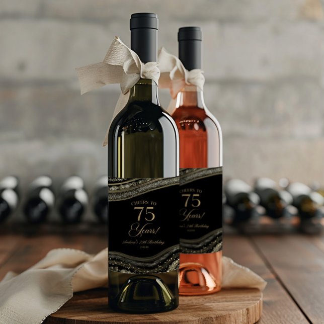 Elegant Black Gold Agate 75th Birthday Party Wine Label (Creator Uploaded)