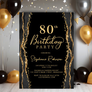 Elegant Black Gold Agate 80th Birthday Invitation