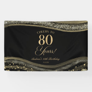 Elegant Black Gold Agate 80th Birthday Party Banner