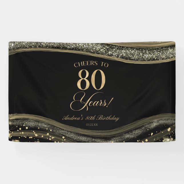 Elegant Black Gold Agate 80th Birthday Party Banner (Horizontal)