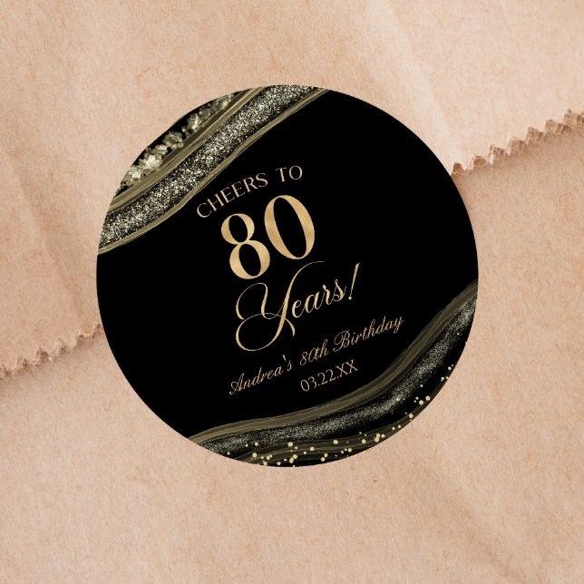 Elegant Black Gold Agate 80th Birthday Party Classic Round Sticker (Creator Uploaded)