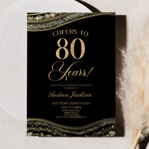 Elegant Black Gold Agate 80th Birthday Party Invitation