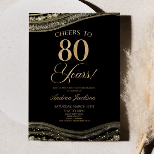 Elegant Black Gold Agate 80th Birthday Party Invitation (Creator Uploaded)