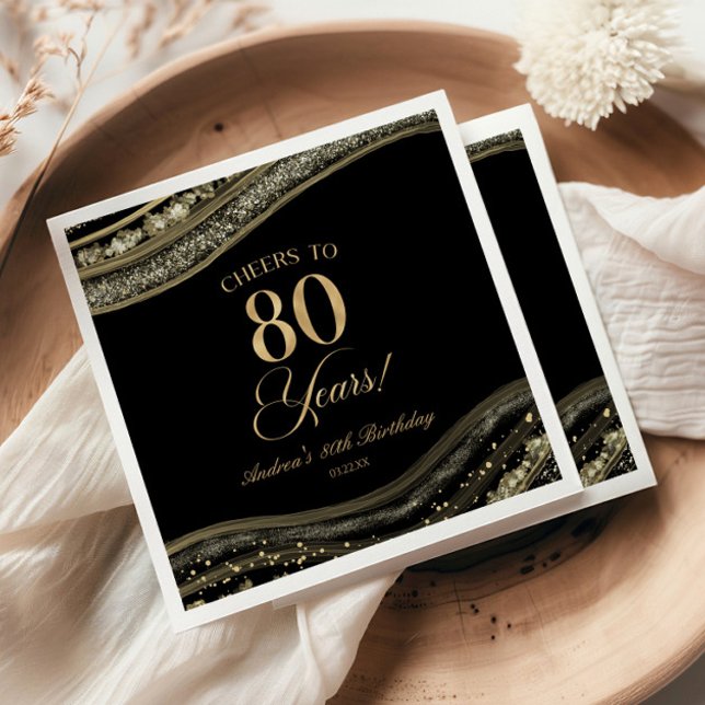Elegant Black Gold Agate 80th Birthday Party Napkin (Creator Uploaded)