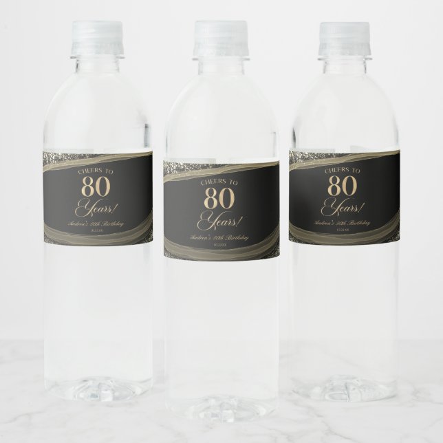 Elegant Black Gold Agate 80th Birthday Party Water Bottle Label (Bottles)