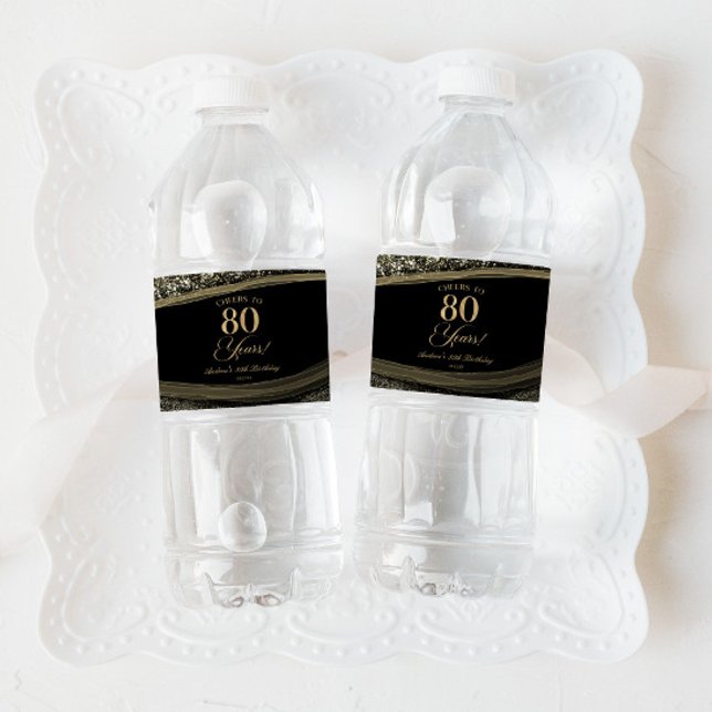 Elegant Black Gold Agate 80th Birthday Party Water Bottle Label (Creator Uploaded)