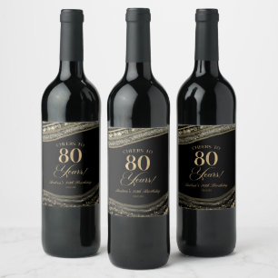 Elegant Black Gold Agate 80th Birthday Party Wine Label