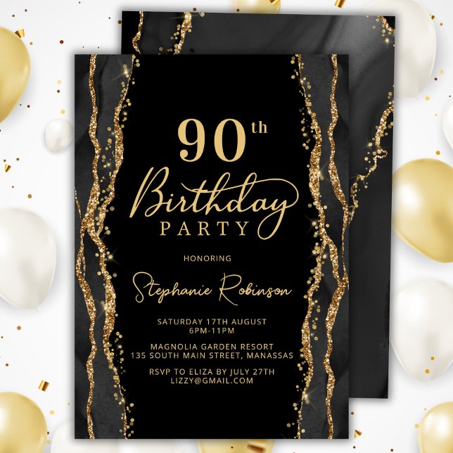 Elegant Black Gold Agate 90th Birthday Invitation (Creator Uploaded)
