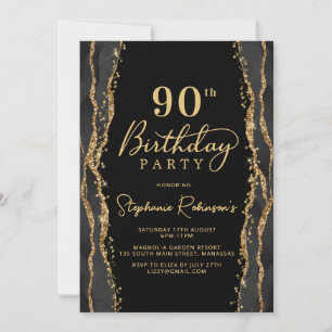 Elegant Black Gold Agate 90th Birthday Invitation