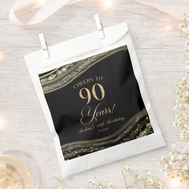 Elegant Black Gold Agate 90th Birthday Party Favour Bags (Clipped)