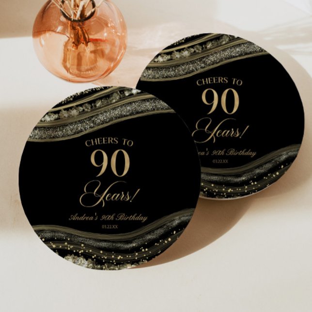 Elegant Black Gold Agate 90th Birthday Party Paper Plate (Creator Uploaded)