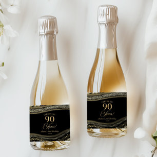 Elegant Black Gold Agate 90th Birthday Party Sparkling Wine Label