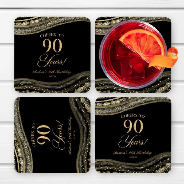 Elegant Black Gold Agate 90th Birthday Party Square Paper Coaster (Creator Uploaded)
