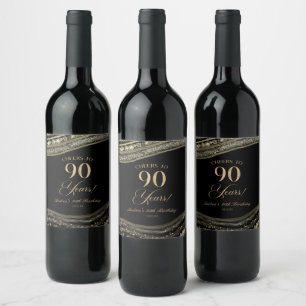 Elegant Black Gold Agate 90th Birthday Party Wine Label