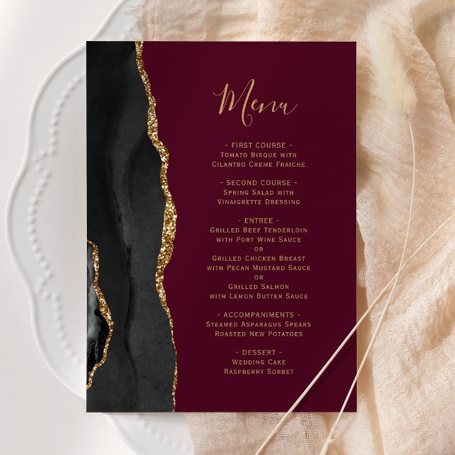 Elegant Black Gold Agate Burgundy Wedding Menu (Creator Uploaded)